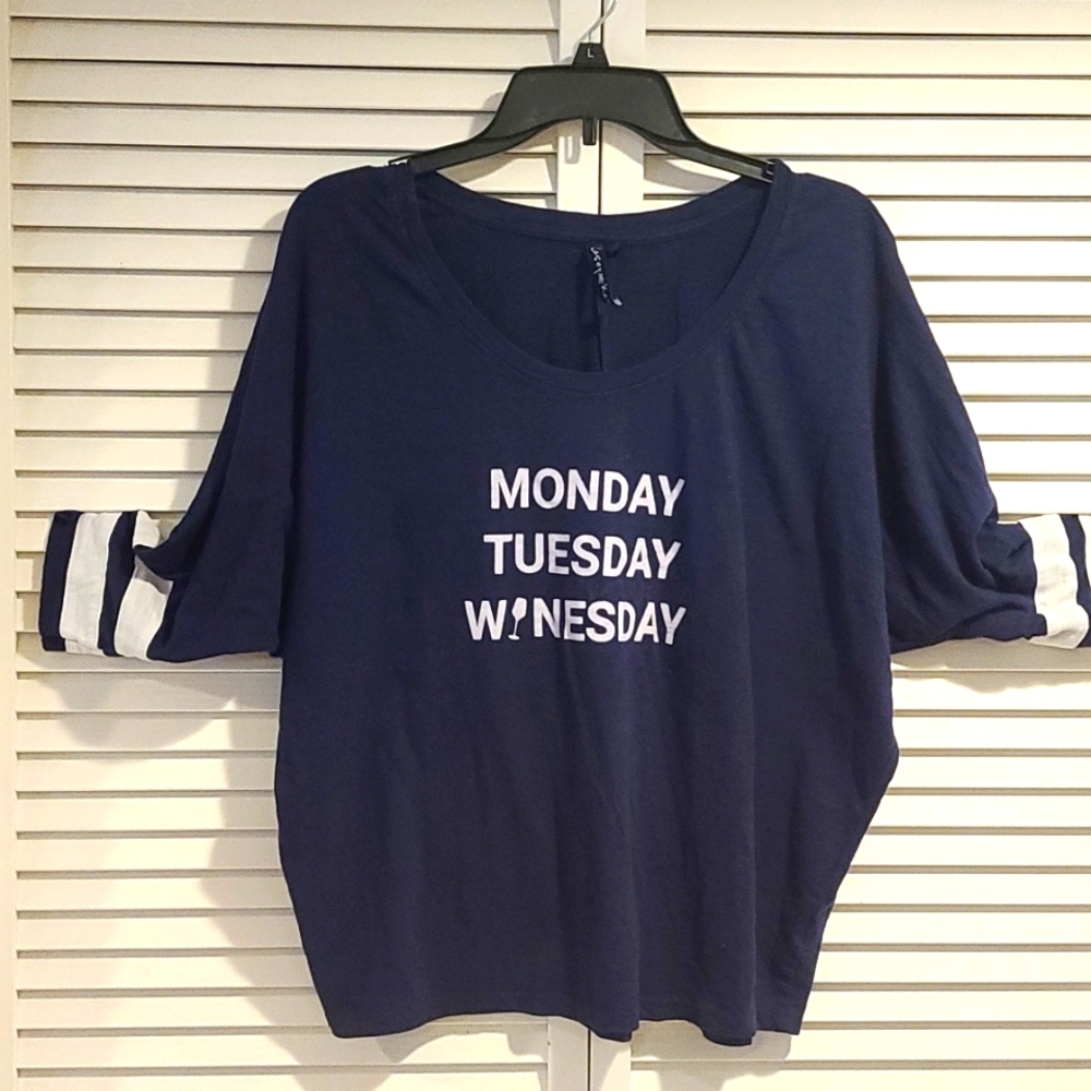 T shirt Monday Tuesday Winesday Qtr Sleeve, Off shoulder, EUC